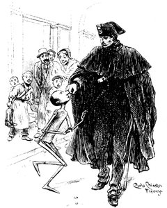 Pinocchio by Carlo Chiostri (1863-1939), one of the first Italian illustrators of the work of Collodi (Carlo Lorenzini). A policeman grabs the wooden puppet through the nose, has the great joy of the sweetheart