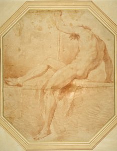 Nude seated and turning away, grasping a staff in his left hand