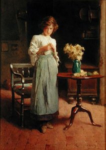 Girl in a cottage by a table and chair by Carlton Alfred Smith