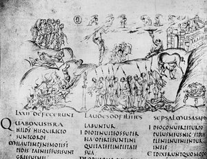 Illustration of various scenes from one of the Psalms, from the Utrecht Psalter, copy of original from Reims now in Utrecht University Library