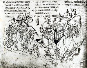 Various scenes illustrating a psalm, from the Utrecht Psalter, copy of the original from Reims now in Utrecht University Library by Carolingian School