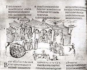 Various scenes illustrating a psalm, from the Utrecht Psalter, copy of the original from Reims now in Utrecht University Library by Carolingian School
