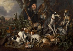 Gentleman Hunter with His Pack of Dogs and Hunting Trophies