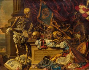 Vanitas Still Life with musical instruments, books, sheet music, skeleton, skull and armour, 17th century