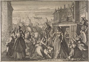 Women Kneeling in Paris Before Queen Anne Begging Her to Lower Taxes, 1645