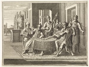 David Sitting at a Table Playing the Harp by Caspar Luyken