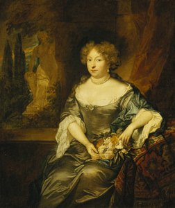 Portrait of a Lady, Seated Small Three-Quarter Length, Wearing a Grey Satin Dress, Holding a Basket of Flowers Before a Window, a Statue in a Park Beyond by Caspar Netscher