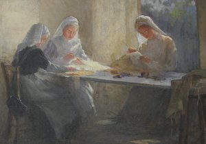 Kensington War Hospital Supply Depot (Kensington Square), Three Nurses Sitting at a Table Sewing, c.1916