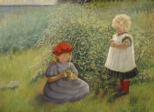 Two girls picking flowers by Cathrine Zernichow
