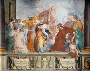 Lorenzo Welcoming the Muses and the Virtues Accompanied by Apollo to Florence, by Francesco Montelatici known as Cecco Bravo, fresco by Cecco  Bravo