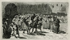 The punishment of a thief, climbs on a mule, he receives batons under the jeers of the crowd, engraving by C.Biseo, to illustrate the story Le Maroc by Edmondo de Amicis, in 1875, published in the tour du monde, under the direction of Edouard Charton
