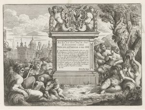 Dedication to and Coat of Arms of Agostino Chigi and View of Rome (series title: Fountains of Rome) by Cesare Fantetti