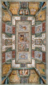 Pier Maria Rossi having the honor of the Order of Saint Michael, View of ceiling of the Sala delle Gesta Rossiane, Rocca dei Rossi, San Secondo, Parma, Italy, c.1570 by Cesare and Jacopo Bertoia and others Baglione