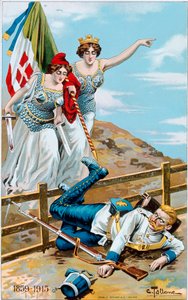 First World War: Poster Depicting an Allegory of Italy and France Chasing Germany Beyond the Border