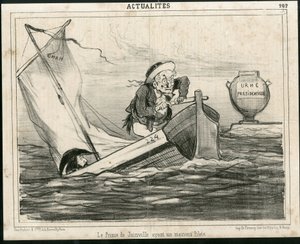 Illustration of Cham (1819-1879) in Le Charivari, circa 1850 - The Prince of Joinville having a bad pilot - Elections, President of the Republic, Maritime Marine Nautique Balneaire - Thiers Adolphe, François d