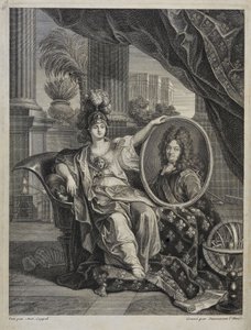 Louis XIV (1638-1715), King of France, Protector of Sciences - engraving by Antoine Coypel in 