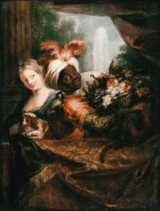 Young Black Man Holding a Basket of Fruit and a Young Girl Stroking a Dog by Charles Antoine Coypel