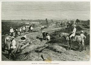 Laying the transcaspian rails. Engraving by Ch. Barbant to illustrate the story Voyage a Merv, by Edgar Boulanger, in le tour du monde 1887, directed by Edouard Charton by Charles Barbant