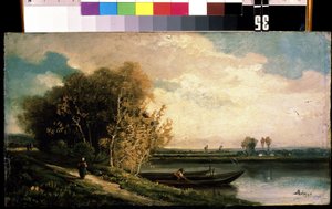 The Coast. Riverbank Landscape with a Fisherman and a Peasant Woman