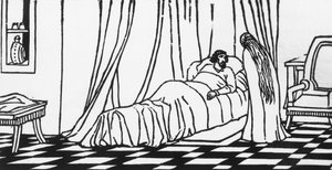 Melisande visiting Golaud in bed after falling from his horse, woodcut for Pelleas and Melisande by Maurice Maeterlinck