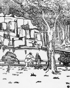 People looking at source, woodcut for Pelleas and Melisande by Maurice Maeterlinck, published by Claudio Argentieri, Spoleto, Italy by Charles Doudelet