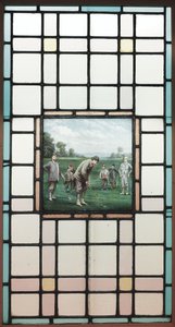 A Late Victorian Leaded Glass Window with The Golfers, c. 1890 by Charles Edmund Brock