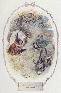 An old crone stooping over a kettle