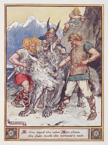 Tyr Pledges His Hand to Chain the Fenrir the Wolf, Illustration from The Heroes of Asgard by Annie Keary by Charles Edmund Brock