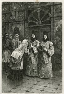Priests giving a kiss to the holy images (Engraving by Ch. Delort)