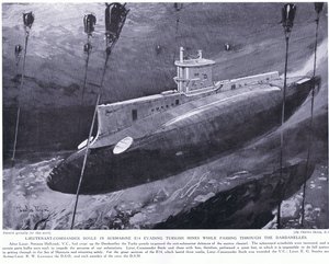 Lieutenant Commander Boyle awarded VC for evading Turkish mines in his submarine while passing through the Dardanelles 1915 by Charles Edward Dixon