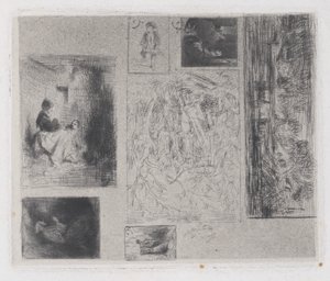 Composite Plate: Woman and Children, Old Musician, Frying Merchant, Landscape by Charles Emile Jacque