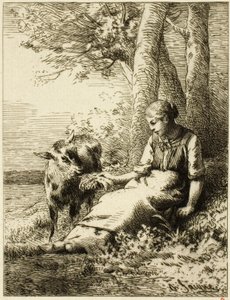 Shepherd with Flock of Sheep at Edge of Wood