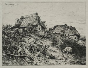 Two Cottages on a Bank by Charles Emile Jacque