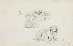 Sketches: The Hotel de Ville, Tours and a Girl Playing (front); Stork (back) by Charles Francois Daubigny
