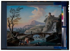 A River Landscape with Fishermen Hauling Their Nets, a Rocky Landscape and a Footbridge Beyond by Charles François Grenier de Lacroix
