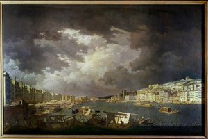 Borders of the Saone in Lyon. On the left trading activities. Painting by Charles Francois Nivard (1739-1821) 1804