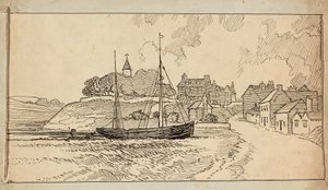 A Sailing Boat on the Beach at Low Tide, by a Lane Leading Up Towards a Village by Charles George Harper