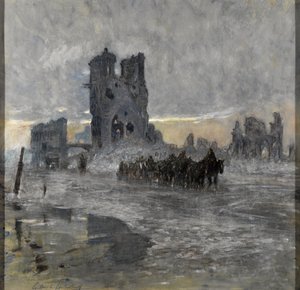 Horse-drawn transports, possibly an artillery train, passing the ruined Cloth Hall, Ypres by Charles Gilbert Holiday
