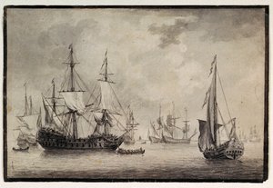 Dutch man-of-war, states yacht and distant shipping in a harbour, late 18th century by Charles Gore