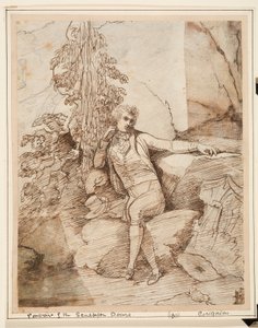 John Deare sat on a rock with his legs crossed, in front of trees, with his top hat next to him by Charles Grignion