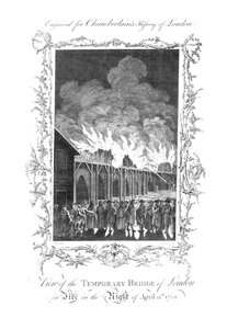 View of the Temporary Bridge of London on Fire