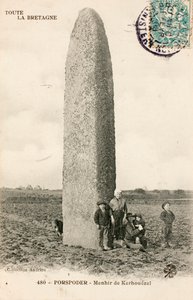 Old postcard, Menhir de Kerhouezel, Porspoder, Finistere, Brittany, France