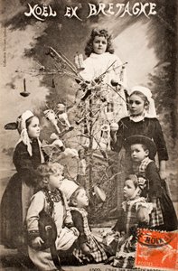 Old postcard, Merry Christmas, The wise children, Brittany, France