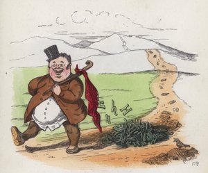Fat man walking along a road dropping his aitches