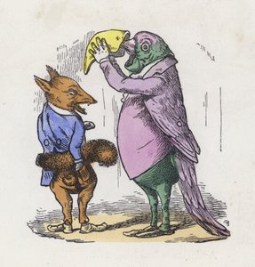 Fox using its tail for a muff and parrot taking snuff