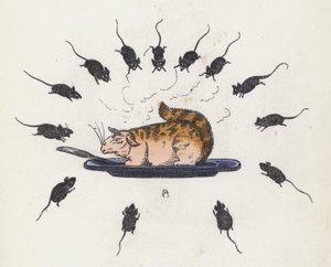 Gluttonous cat on a plate surrounded by hungry mice by Charles Henry (after) Bennett