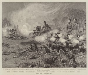 The Twenty-Sixth Middlesex Cyclists in Zereba, firing the Gatling Gun