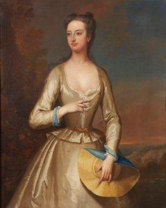 Three-Quarter Length Portrait of a Lady in White Holding a Straw Bonnet
