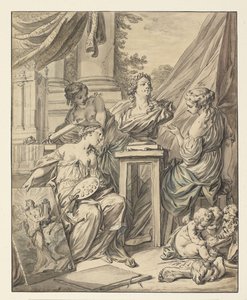 Fine Arts personified by three women engaged in celebration of their reconnaissance for Louis XV
