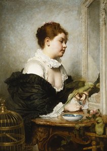 A Young Girl with Parakeets